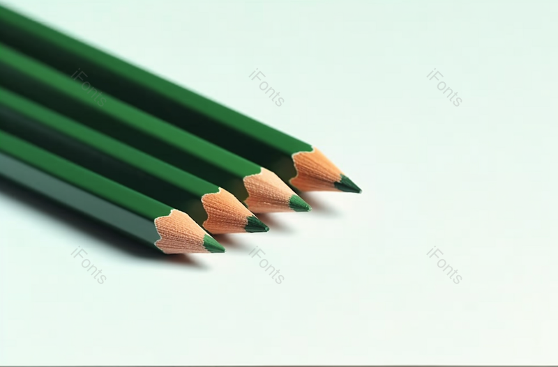 白色背景上的四支绿铅笔办公室绘画整齐摆放实拍摄影,高清,摄影图,摄影图片,图片大全,摄影图免费下载